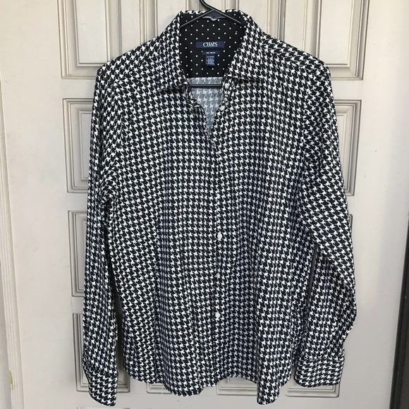 Chaps Blouse SzXL Lt Weight Black/White Houndstooth Collar Cuffs Pre-Owned - Picture 1 of 8